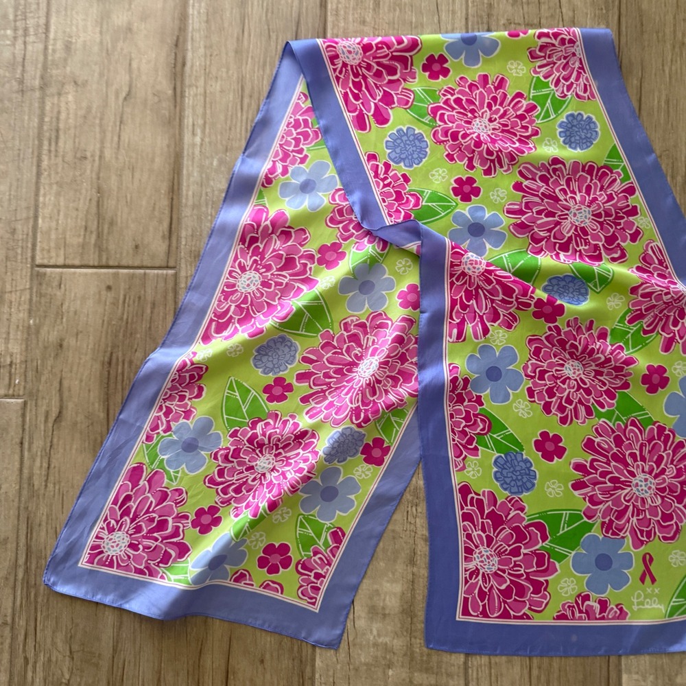 Lilly Pulitzer Ford Warriors in Pink Silk Floral Scarf Pink‎ Green Blue Ribbon